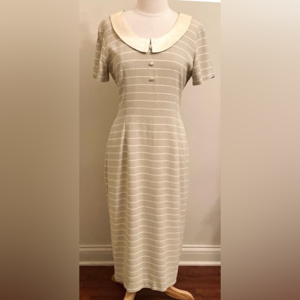 Breakin’ Loose Vintage Gold Cream Striped SZ 3/4 Classic Parisian Style Dress